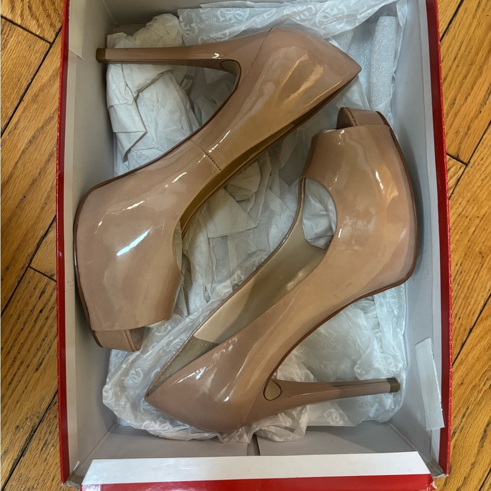 Guess Nude/Soft Pink Patent Peep-Toe Heels
